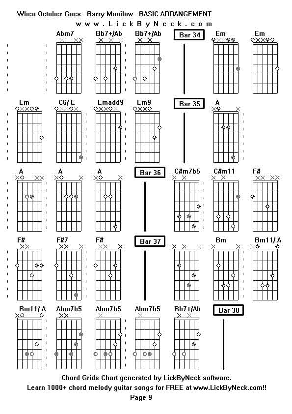 Chord Grids Chart of chord melody fingerstyle guitar song-When October Goes - Barry Manilow - BASIC ARRANGEMENT,generated by LickByNeck software.